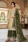 Elegant Beige & Olive Green Pure Gmy Silk Embroidered Kurta Palazzo Set RTI