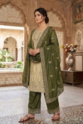 Elegant Beige & Olive Green Pure Gmy Silk Embroidered Kurta Palazzo Set RTI