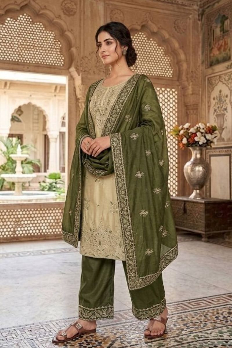Elegant Beige & Olive Green Pure Gmy Silk Embroidered Kurta Palazzo Set RTI