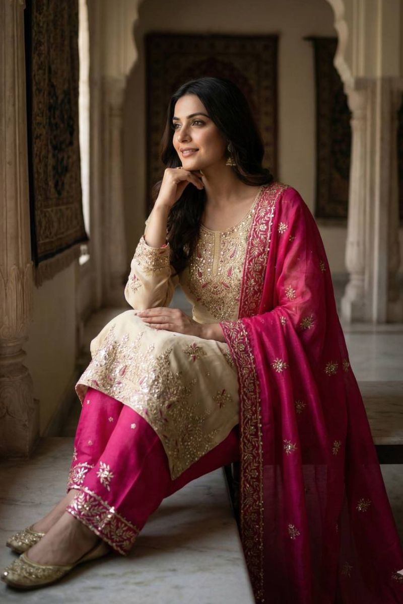 Elegant Beige & Rani Pink Pure Gmy Silk Embroidered Kurta Palazzo Set RTI