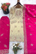 Elegant Beige & Rani Pink Pure Gmy Silk Embroidered Kurta Palazzo Set RTI