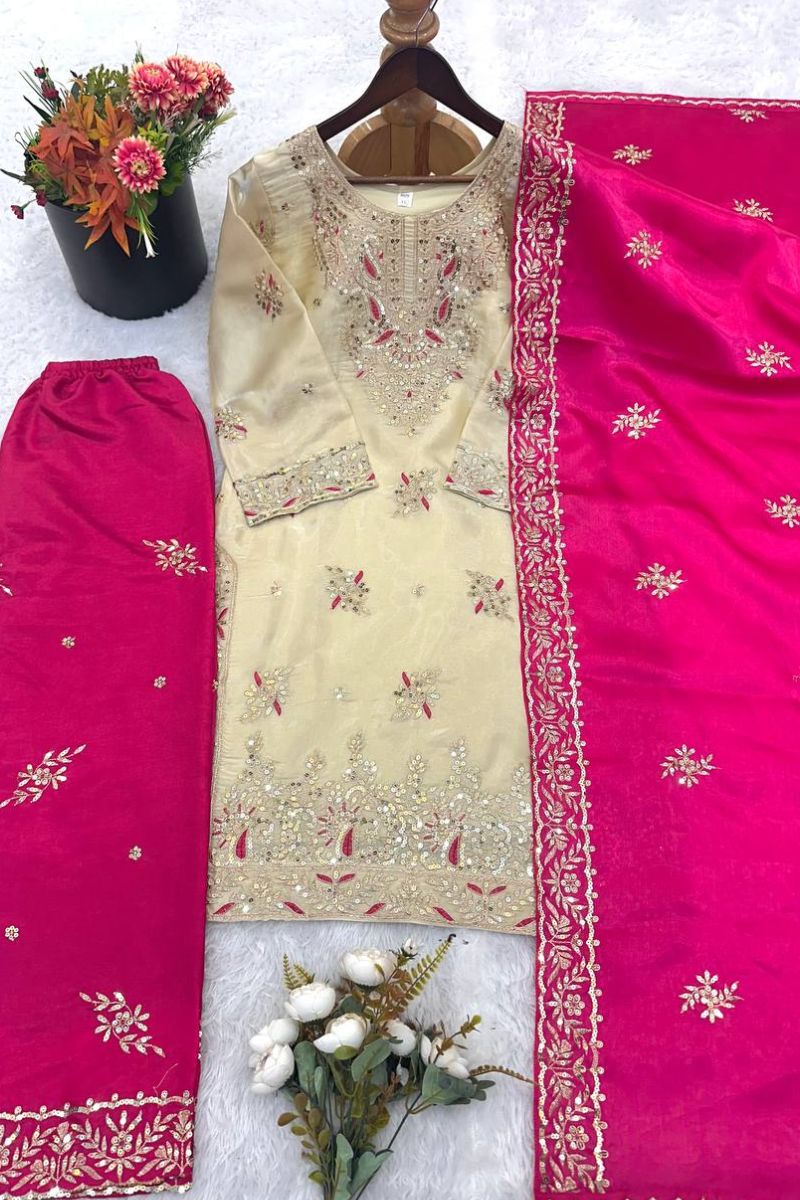 Elegant Beige & Rani Pink Pure Gmy Silk Embroidered Kurta Palazzo Set RTI