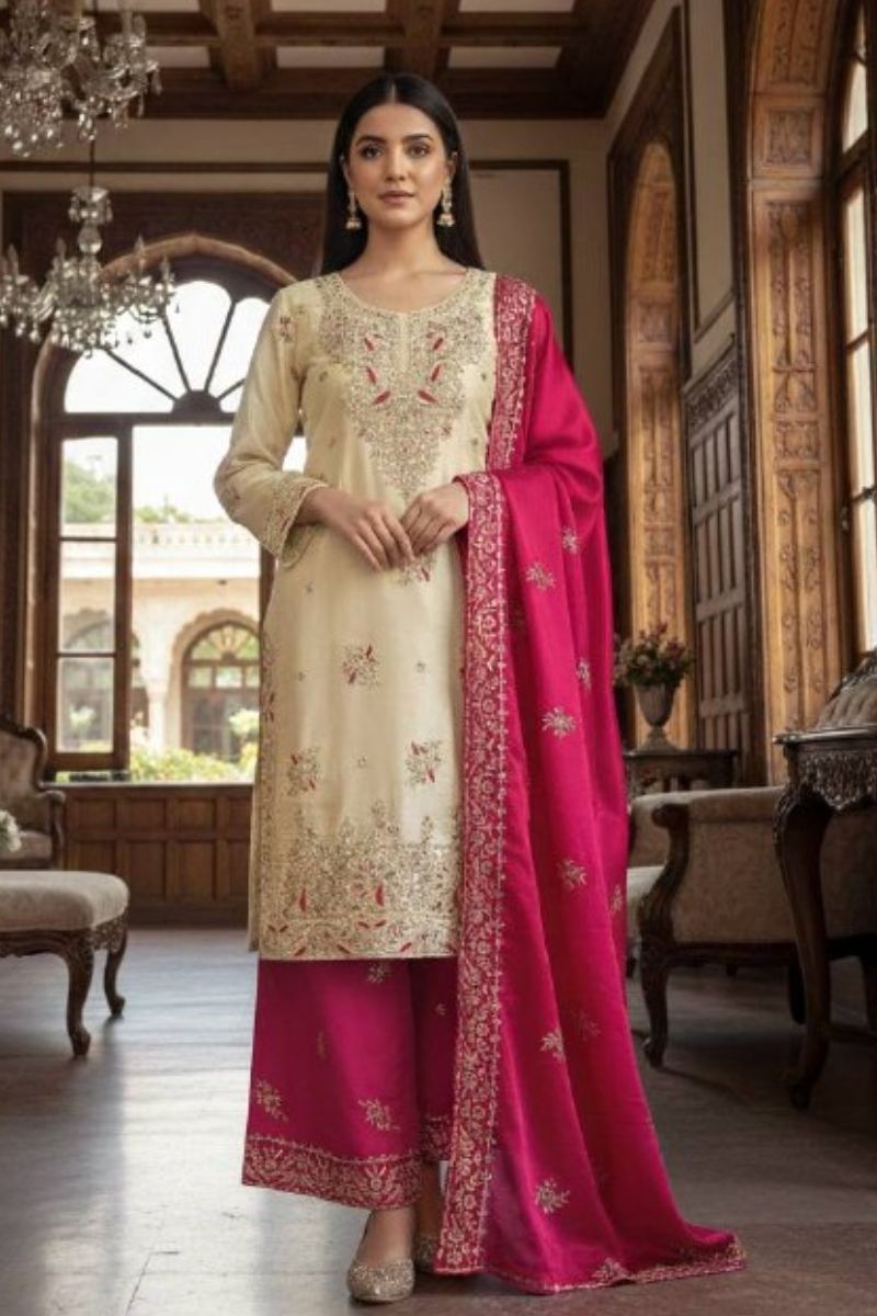Elegant Beige & Rani Pink Pure Gmy Silk Embroidered Kurta Palazzo Set RTI