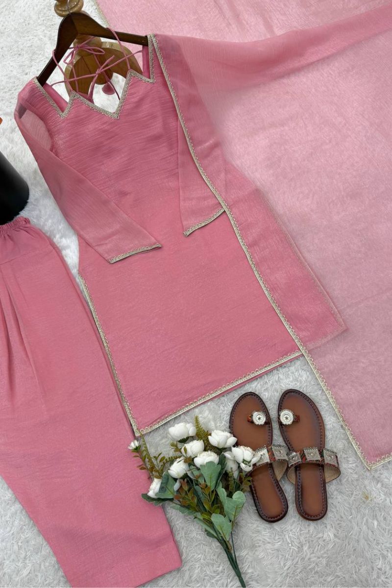 Blush Pink Crunchy Silk Ready-Made Salwar Suit Set with Dupatta RTI