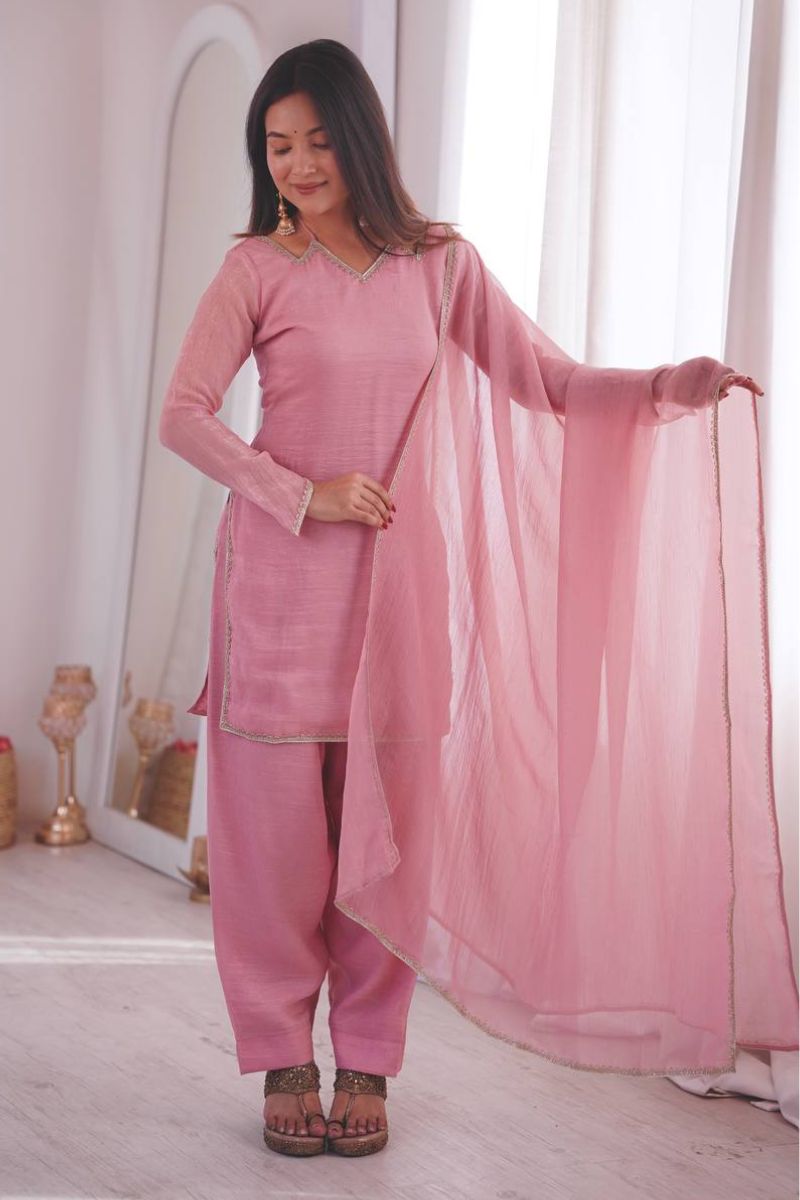 Blush Pink Crunchy Silk Ready-Made Salwar Suit Set with Dupatta RTI