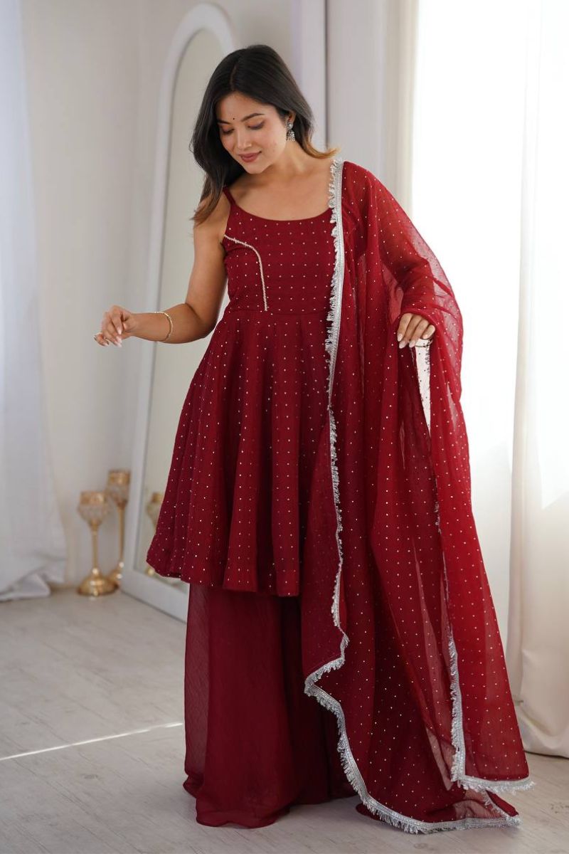 Maroon Crunchy Silk Ready-Made Salwar Suit Set with Dupatta RTI