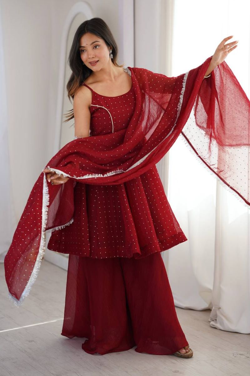 Maroon Crunchy Silk Ready-Made Salwar Suit Set with Dupatta RTI