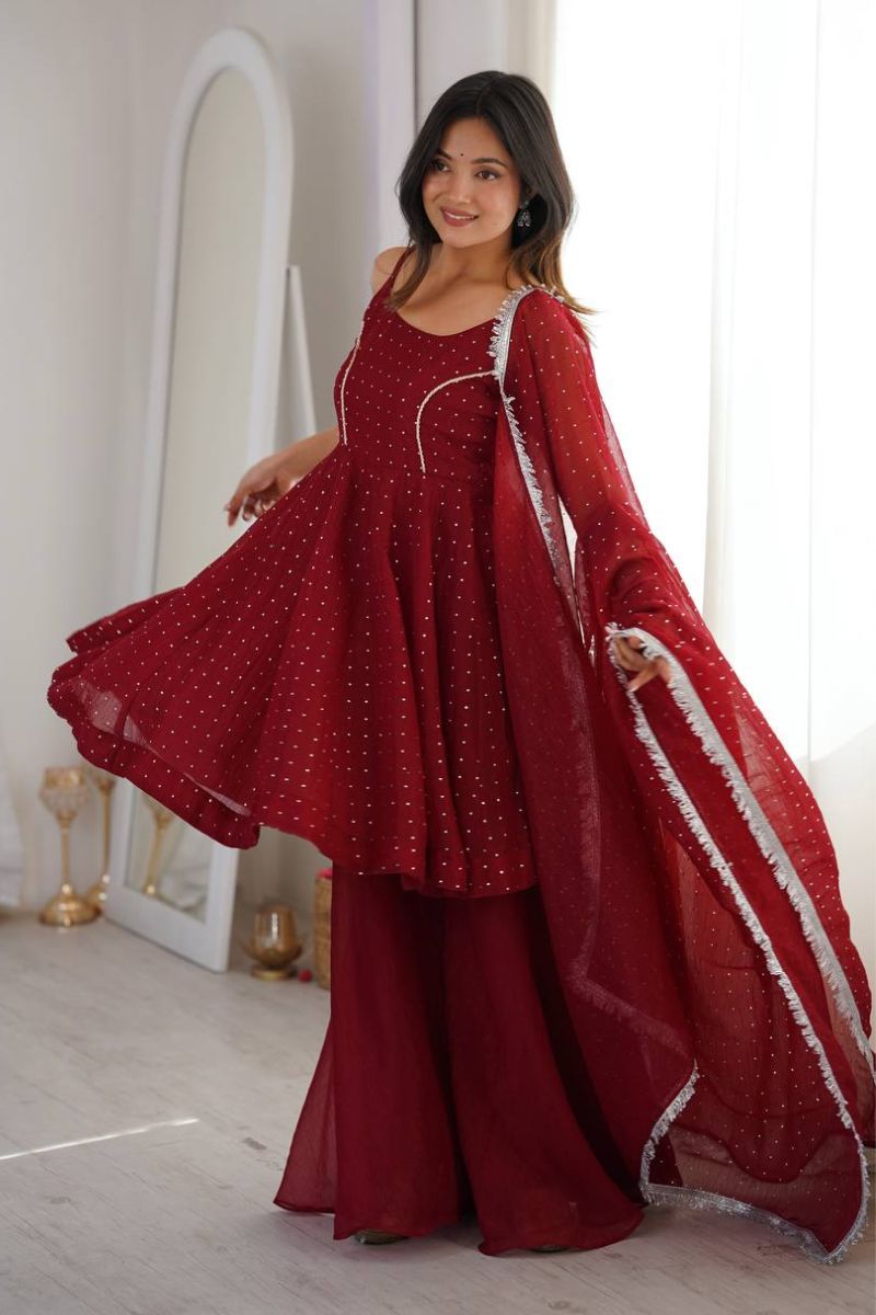 Maroon Crunchy Silk Ready-Made Salwar Suit Set with Dupatta RTI