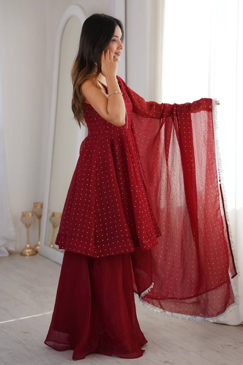 Maroon Crunchy Silk Ready-Made Salwar Suit Set with Dupatta RTI
