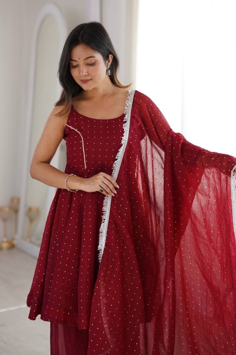 Maroon Crunchy Silk Ready-Made Salwar Suit Set with Dupatta RTI