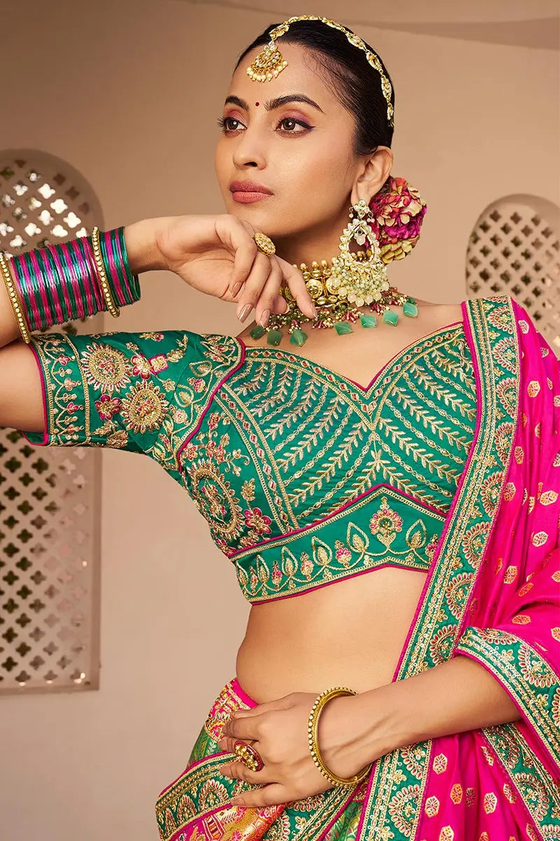 Rama Green Banarasi Silk Bridal Lehenga with Zari & Mirror Work VA