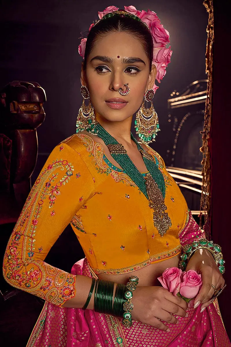 Rani Pink Patola Banarasi Saree with Golden Zari Weave – Bridal & Festive Wear VA