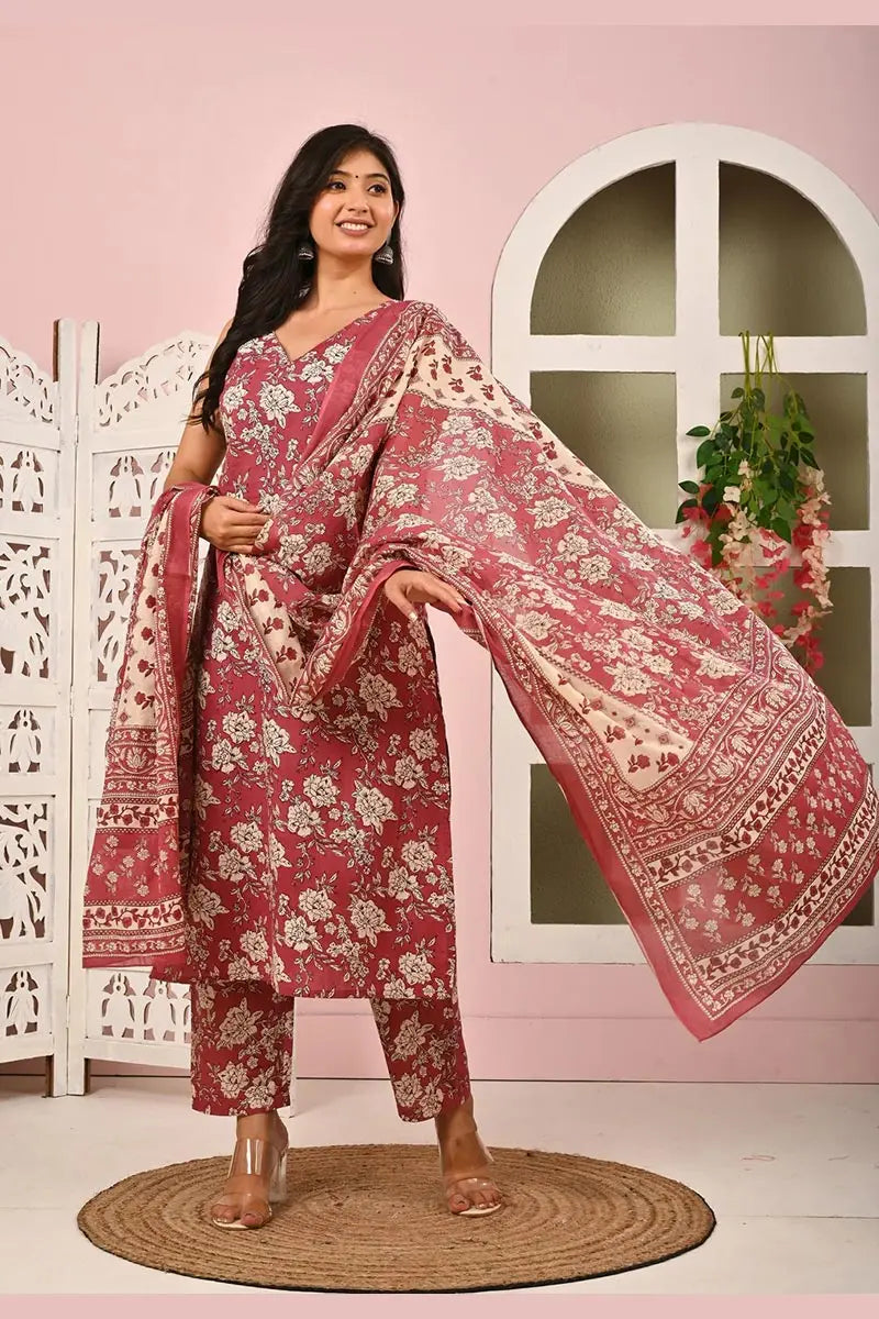 Red Floral Printed Cotton Kurta Set with Print Dupatta KSF