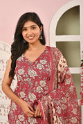 Red Floral Printed Cotton Kurta Set with Print Dupatta KSF