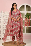Red Floral Printed Cotton Kurta Set with Print Dupatta KSF