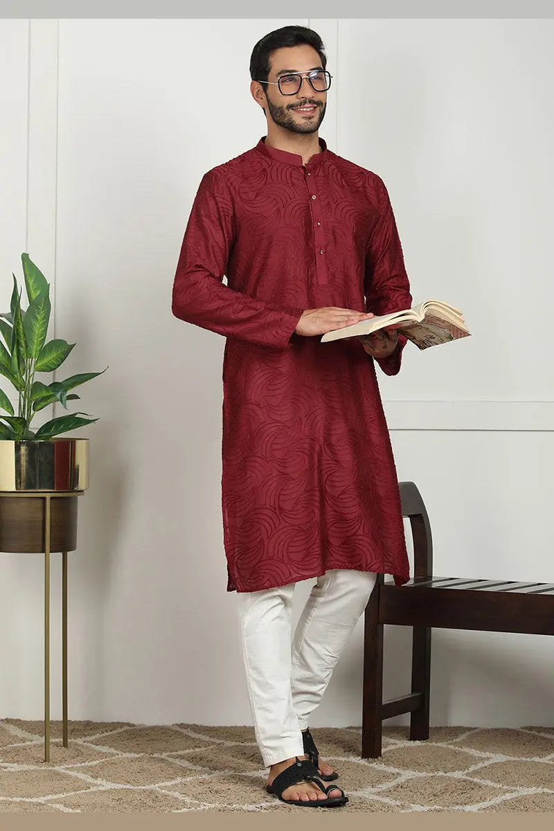 Red Jacquard Kurta for Men – Festive & Formal Wear KSF
