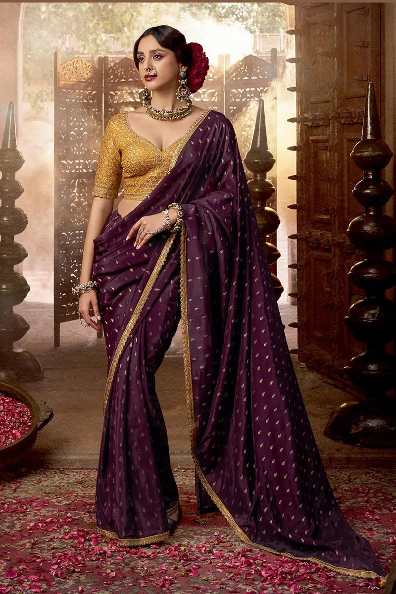 Royal Plum Handwoven Banarasi Saree with Mustard Embroidered Blouse VA