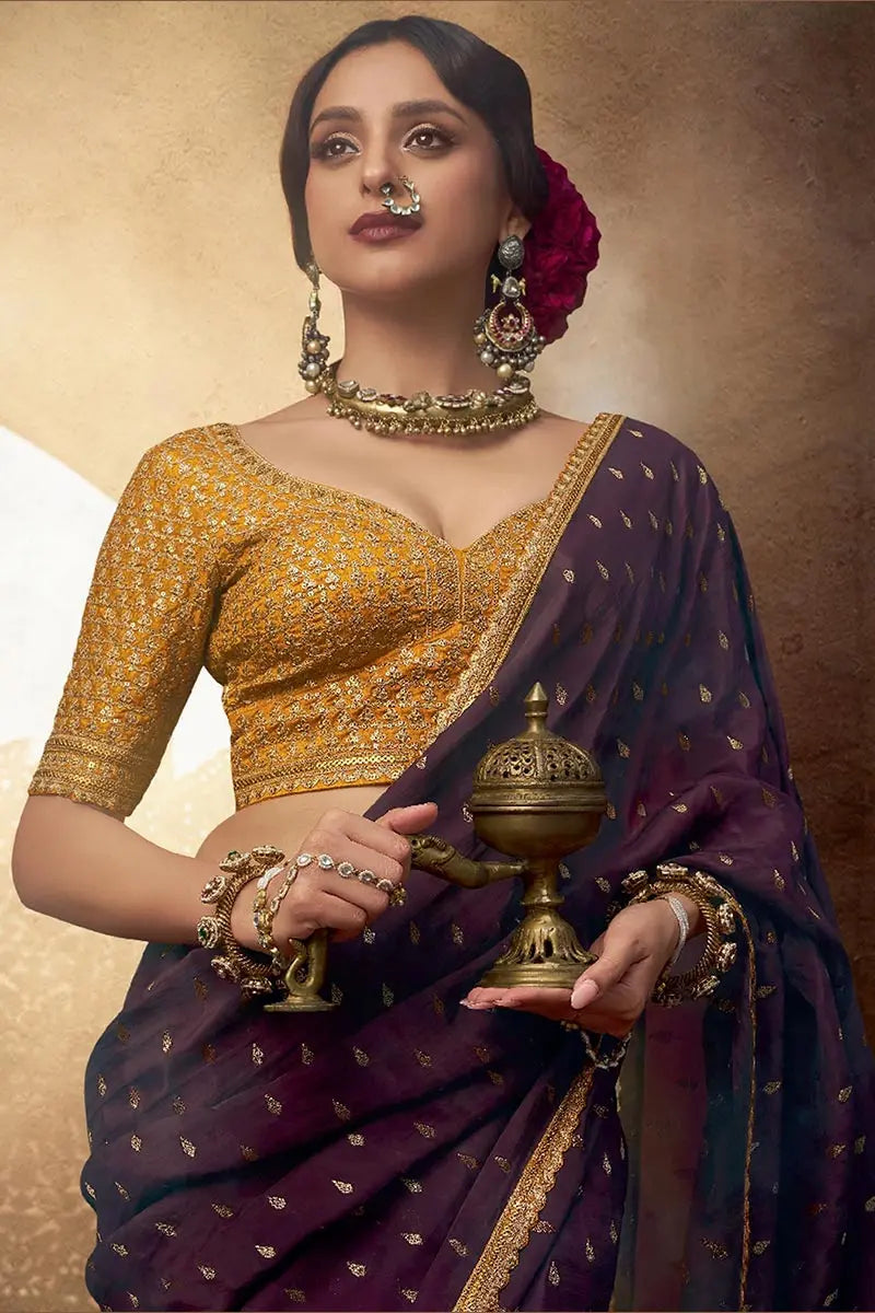 Royal Plum Handwoven Banarasi Saree with Mustard Embroidered Blouse VA