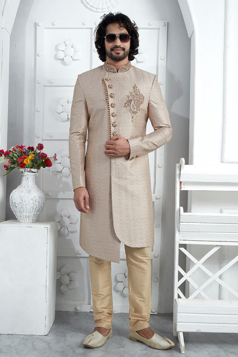Golden Embroidered Sherwani for Men – Elegant Groom & Festive Wear SOU