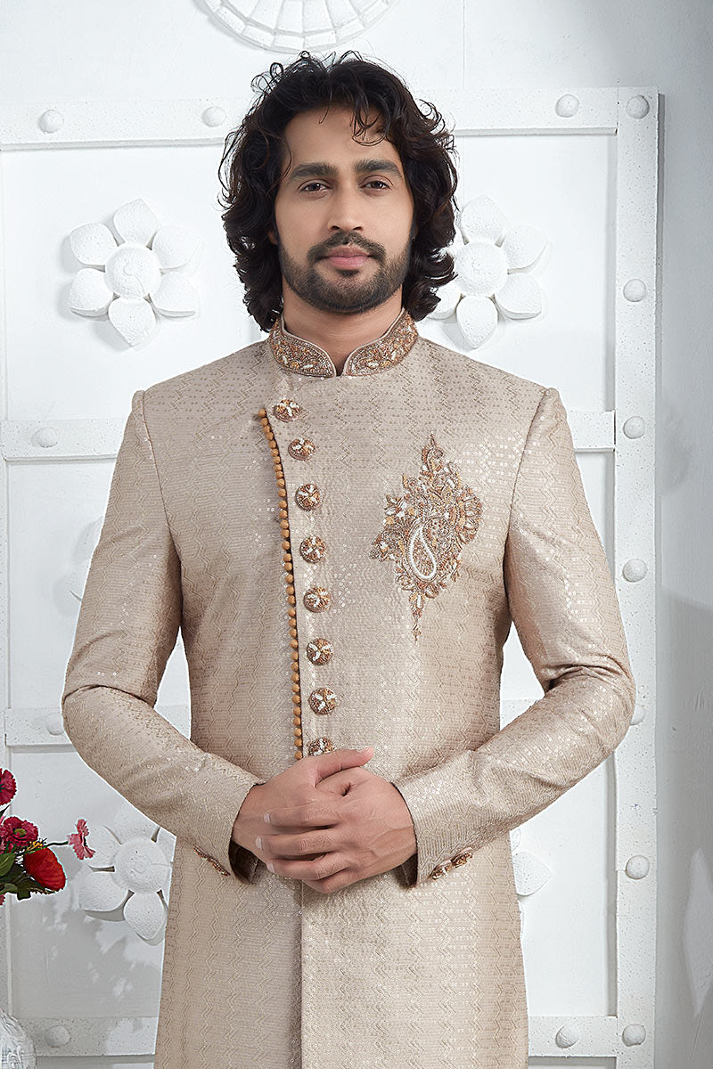 Golden Embroidered Sherwani for Men – Elegant Groom & Festive Wear SOU