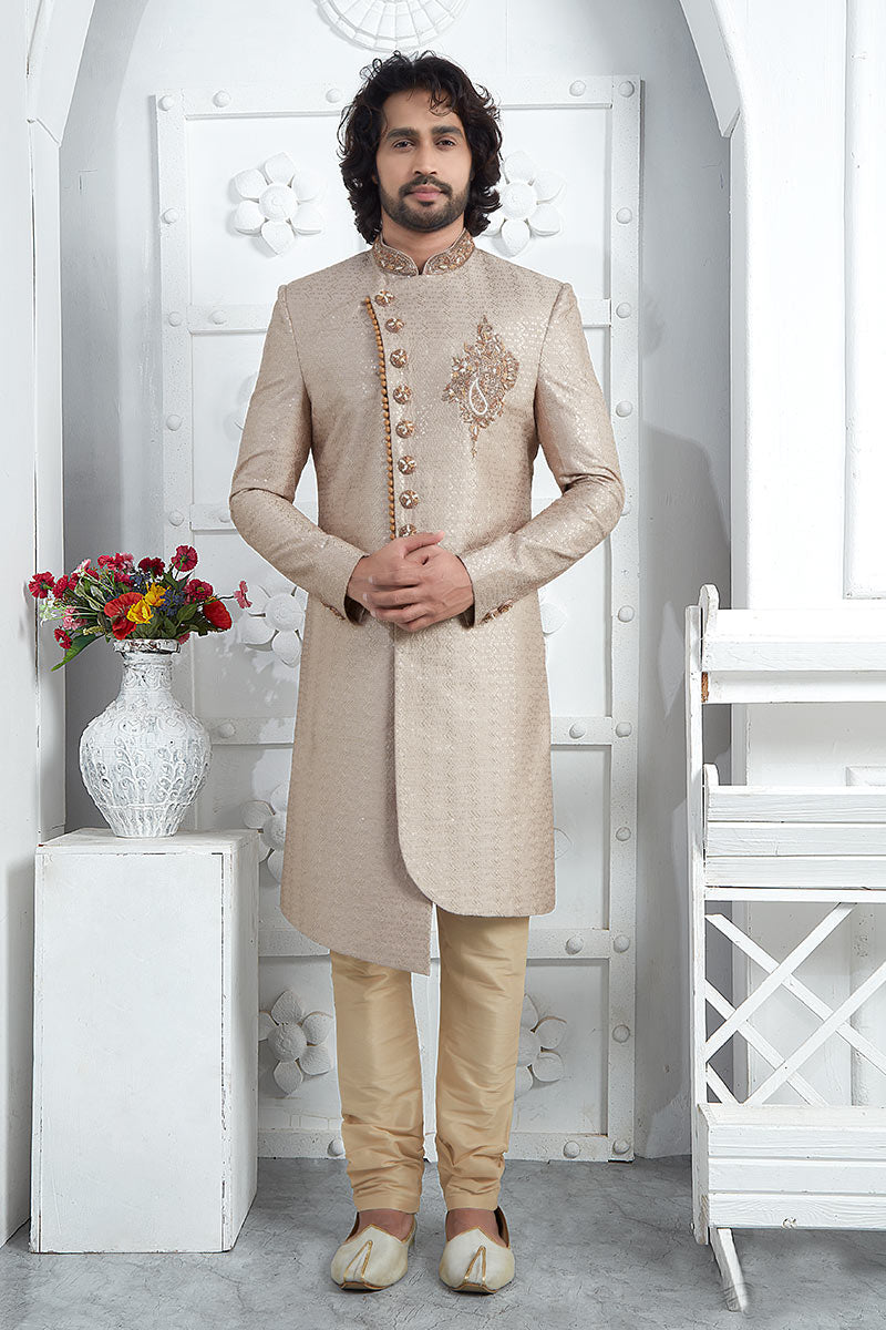 Golden Embroidered Sherwani for Men – Elegant Groom & Festive Wear SOU
