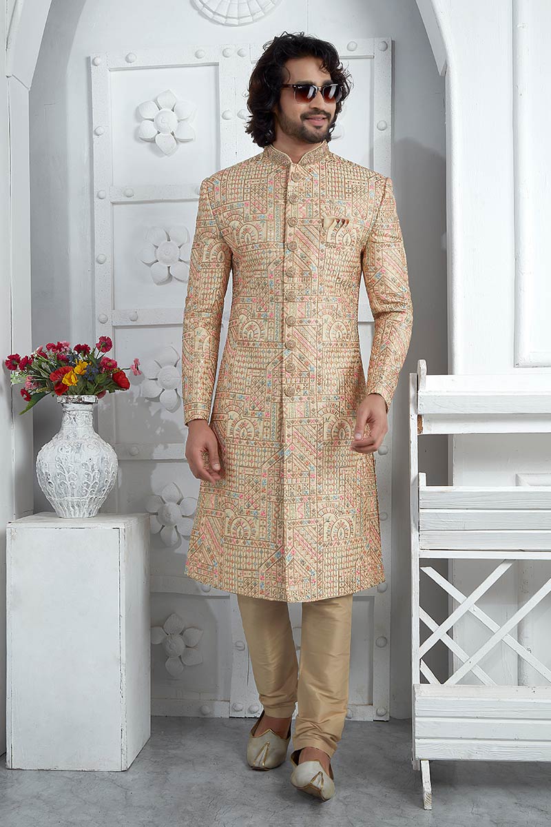Luxury Gold Hand Embroidered Sherwani for Men – Festive & Wedding Wear SOU