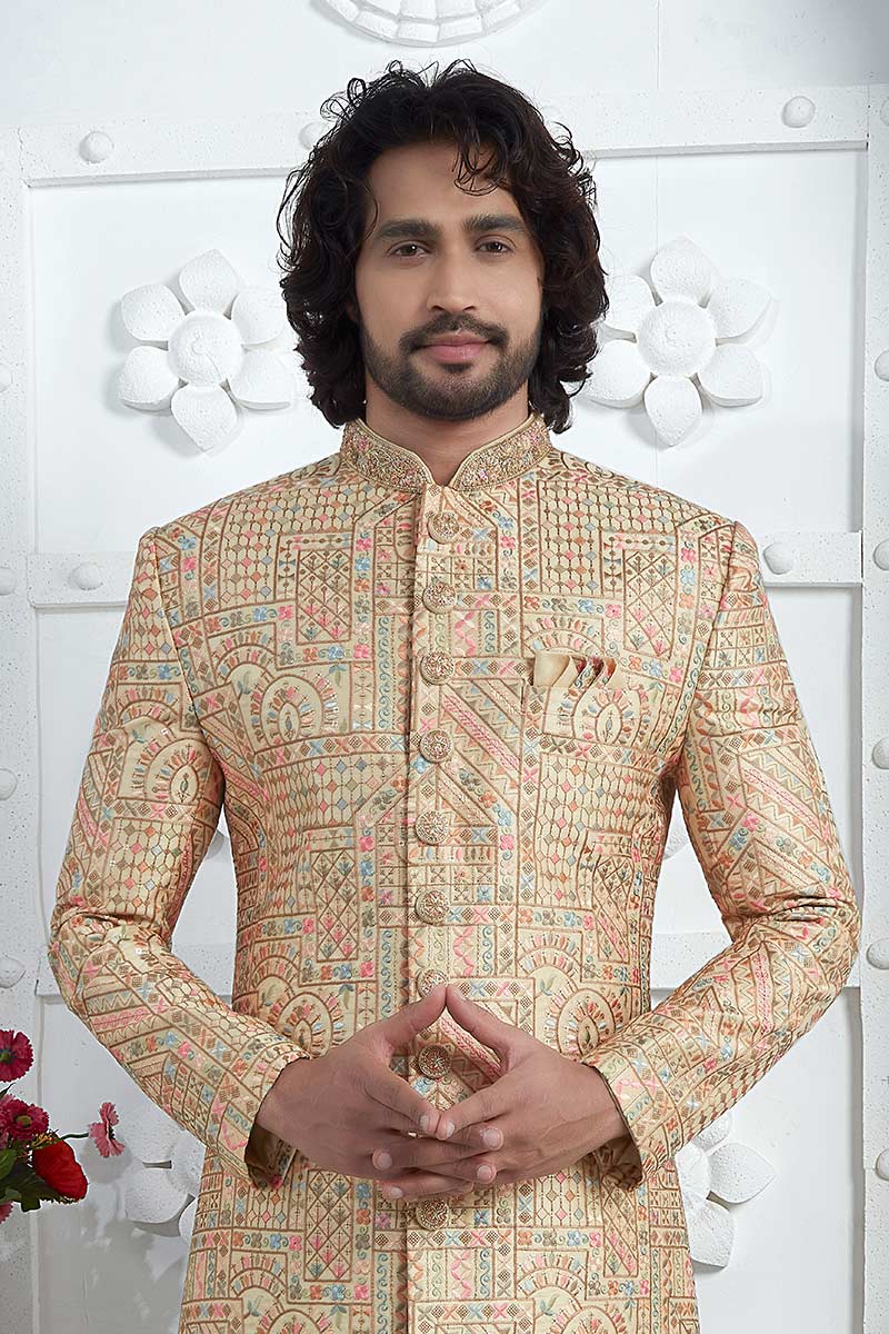 Luxury Gold Hand Embroidered Sherwani for Men – Festive & Wedding Wear SOU