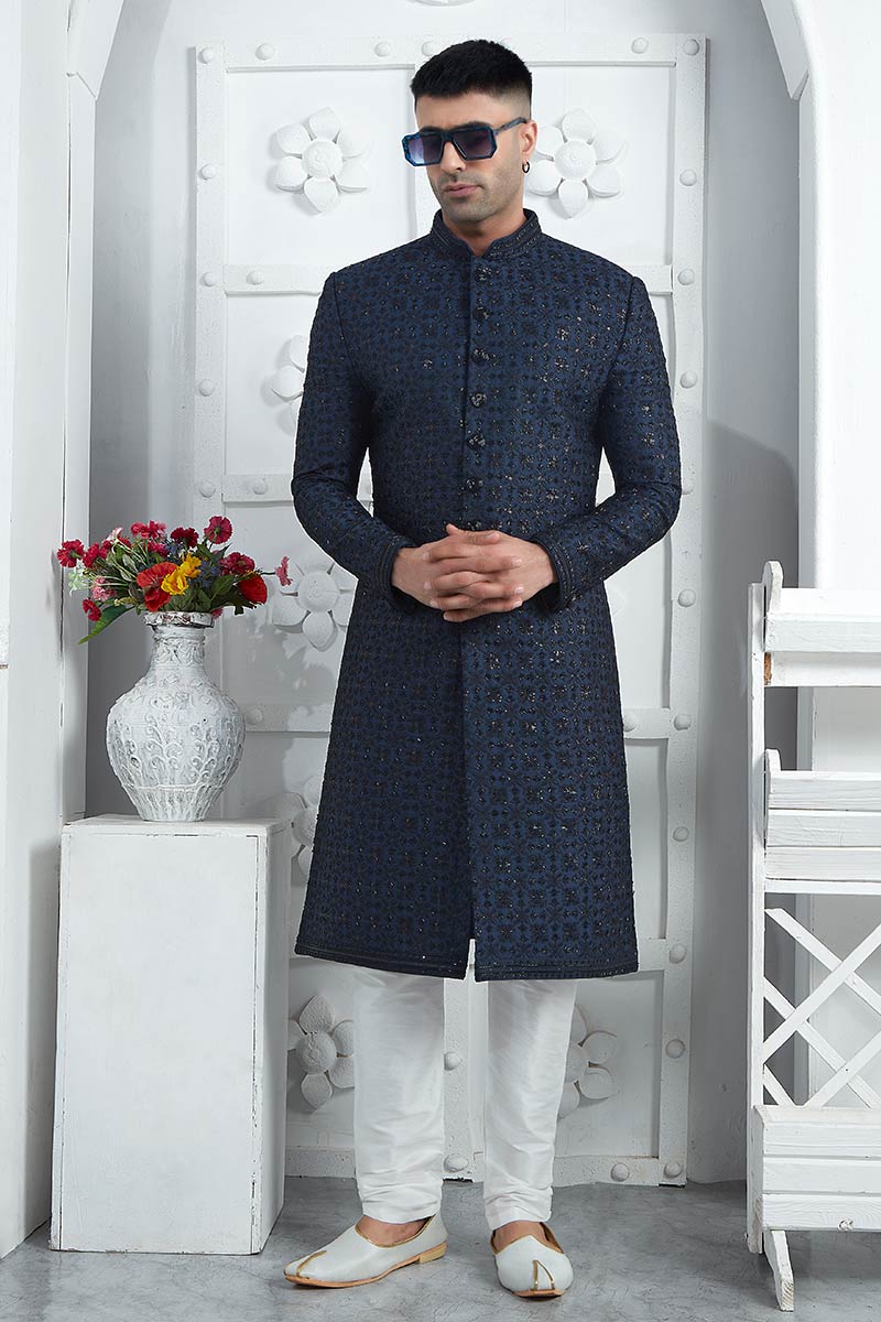 Traditional Blue Thread Work Sherwani for Men | Festive Special SOU