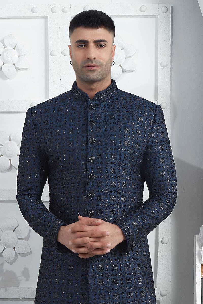 Traditional Blue Thread Work Sherwani for Men | Festive Special SOU