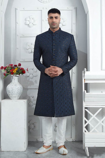 Traditional Blue Thread Work Sherwani for Men | Festive Special SOU