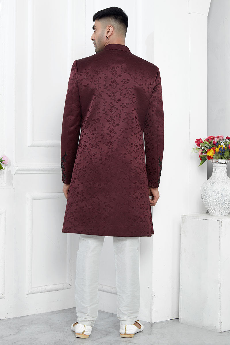 Premium Wine Embroidered Men’s Sherwani for Weddings & Parties SOU