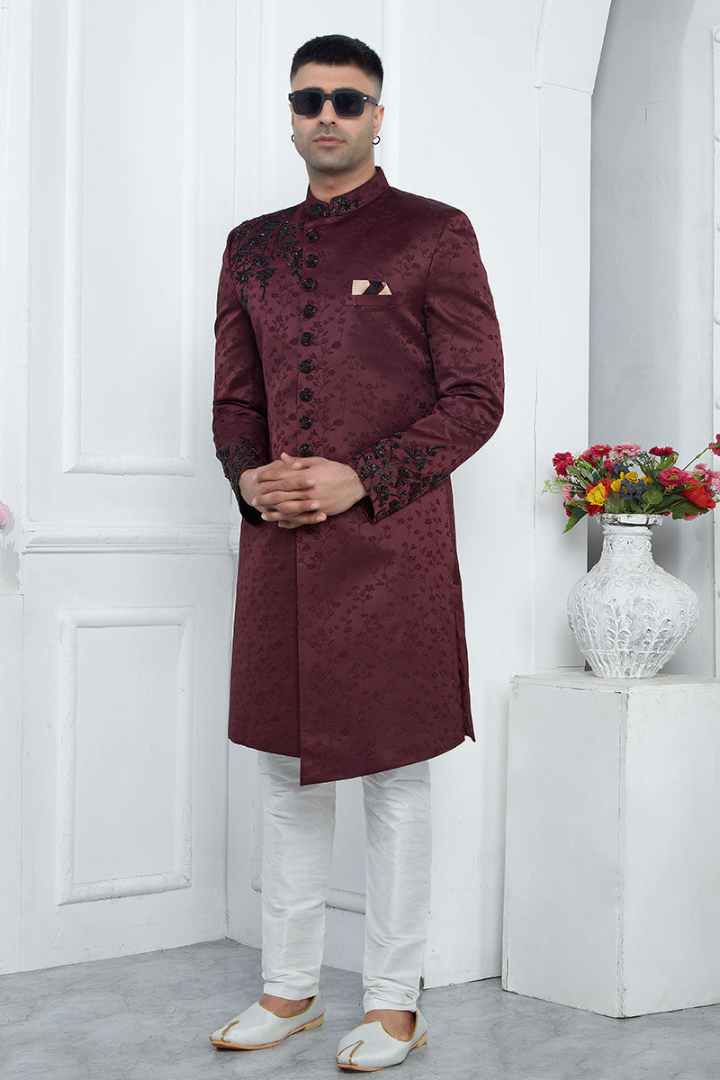Premium Wine Embroidered Men’s Sherwani for Weddings & Parties SOU
