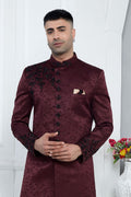Premium Wine Embroidered Men’s Sherwani for Weddings & Parties SOU