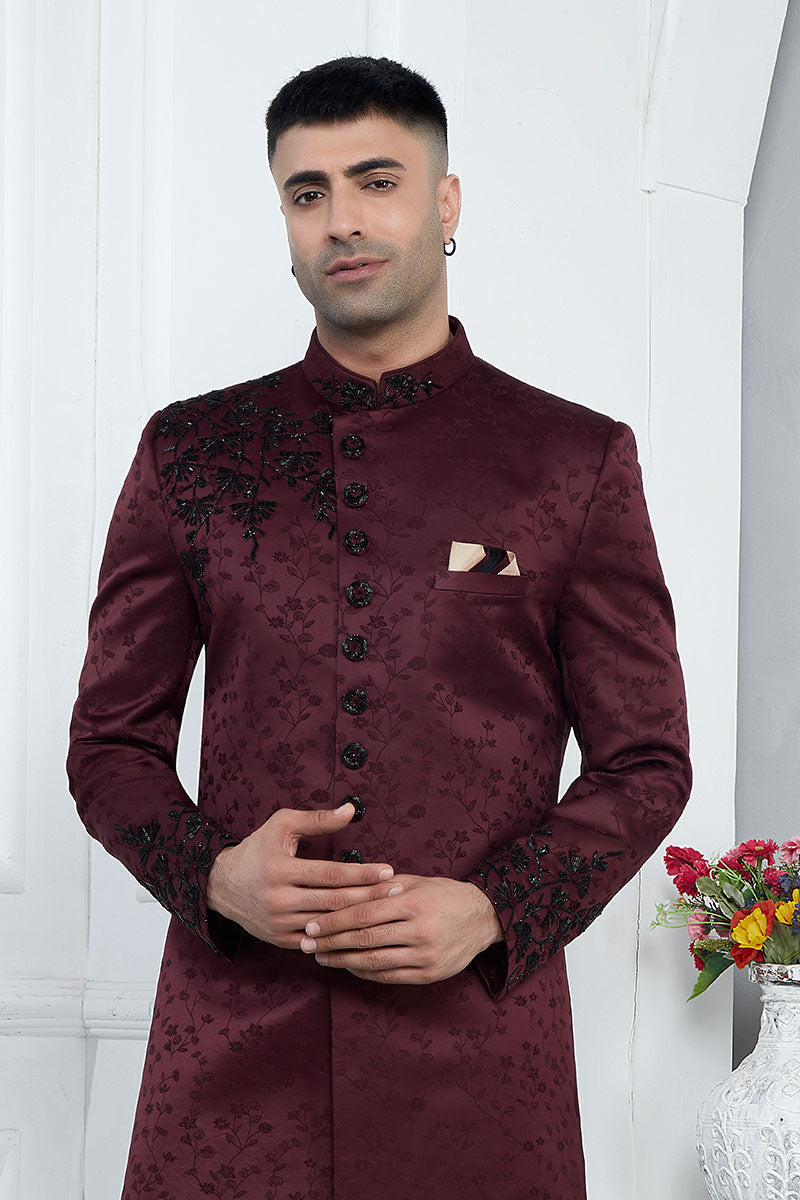 Premium Wine Embroidered Men’s Sherwani for Weddings & Parties SOU