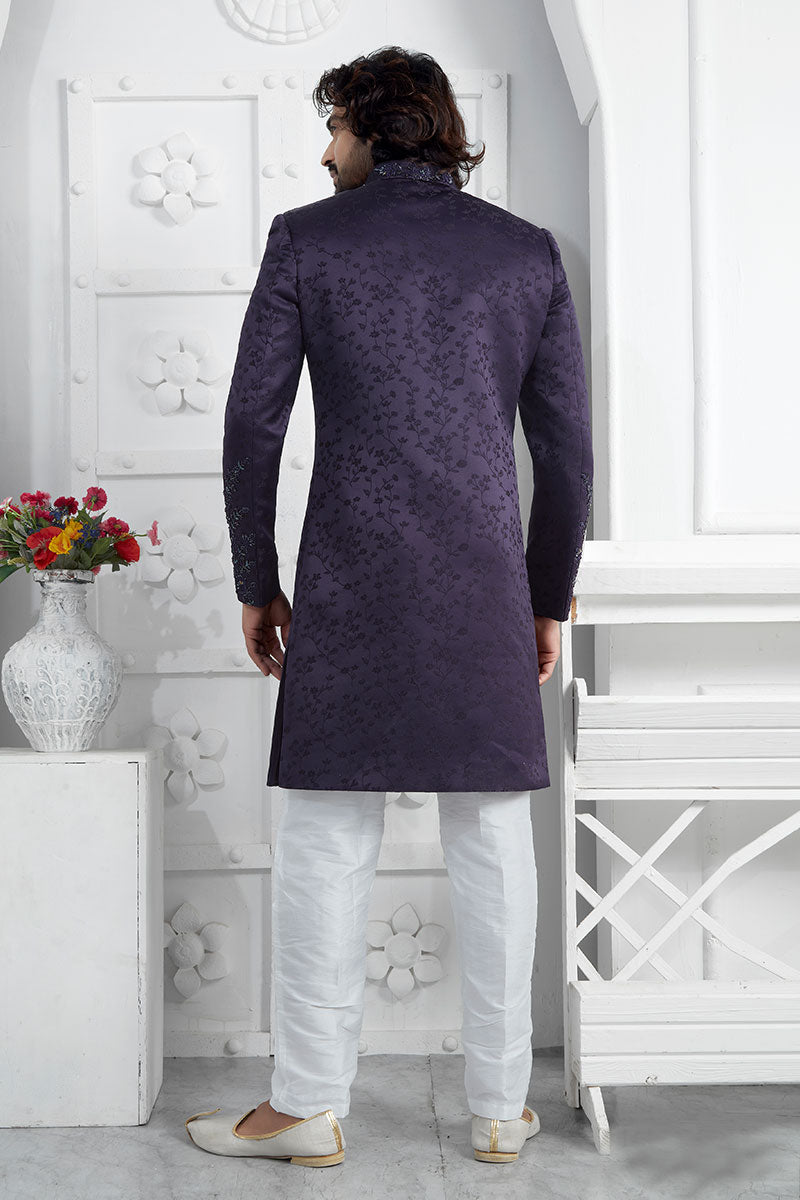 Ethnic Purple Embroidered Sherwani for Men – Festive & Occasion Wear SOU