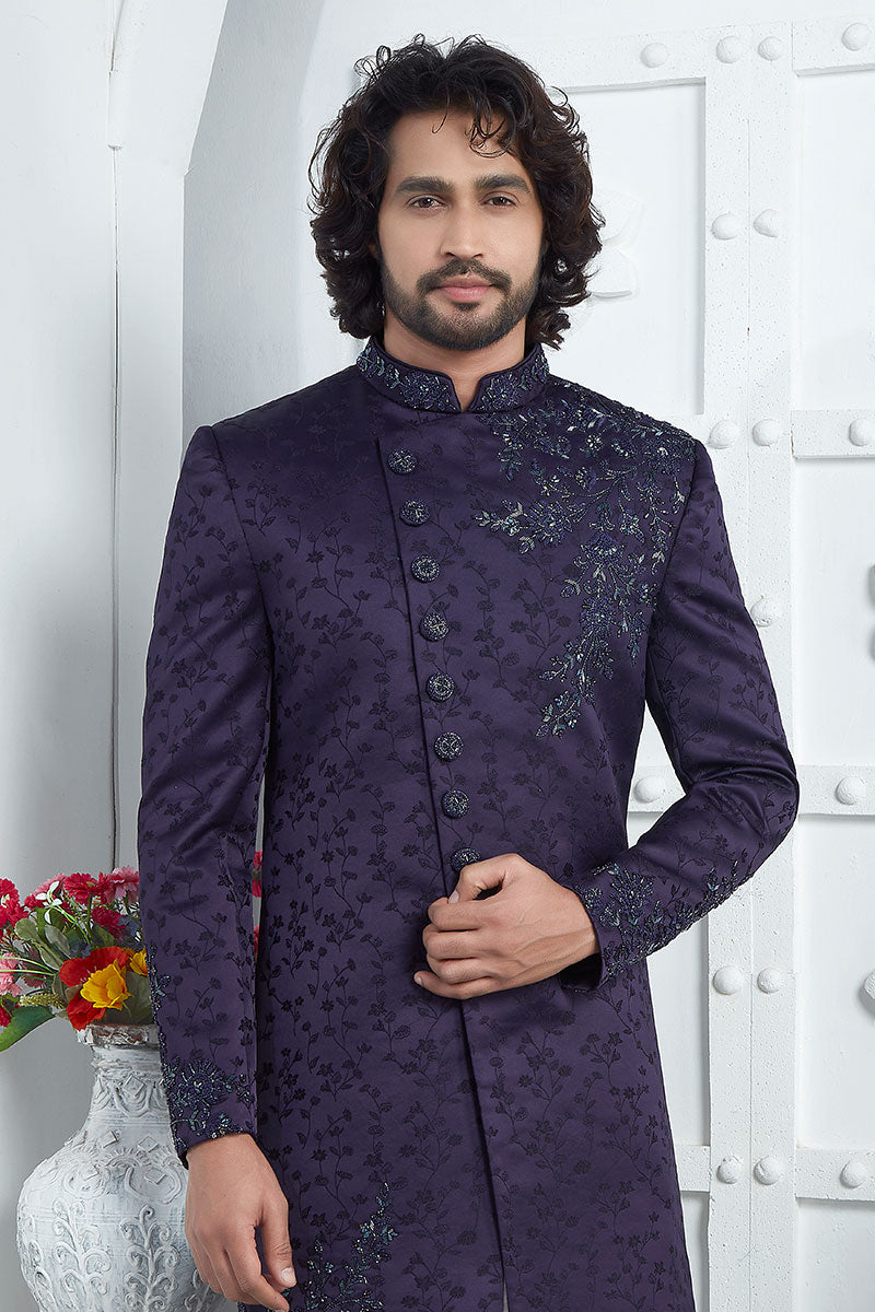 Ethnic Purple Embroidered Sherwani for Men – Festive & Occasion Wear SOU