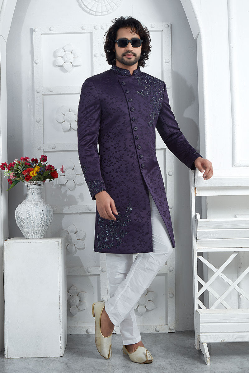 Ethnic Purple Embroidered Sherwani for Men – Festive & Occasion Wear SOU