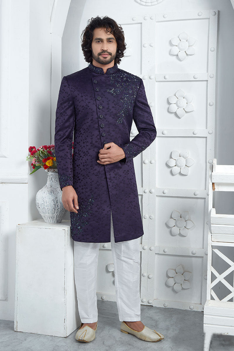 Ethnic Purple Embroidered Sherwani for Men – Festive & Occasion Wear SOU