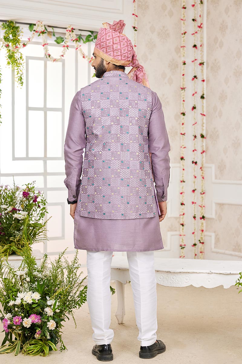 Men’s Kurta Pajama with Printed Nehru Jacket – Wedding Wear