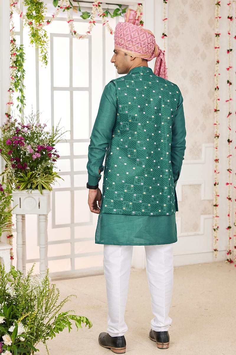 Green Kurta Pajama Set with Printed Jacket for Men | Wedding Wear