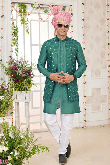 Green Kurta Pajama Set with Printed Jacket for Men | Wedding Wear