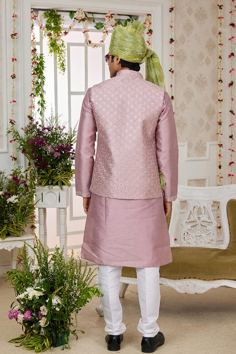 Men’s Onion Pink Kurta Pajama & Nehru Jacket Set – Indian Wedding Outfit