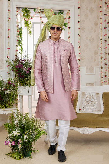 Men’s Onion Pink Kurta Pajama & Nehru Jacket Set – Indian Wedding Outfit