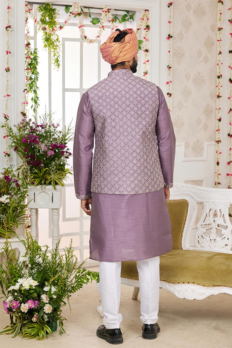 Dark Onion Kurta Pajama Set with Printed Nehru Jacket – Lavender