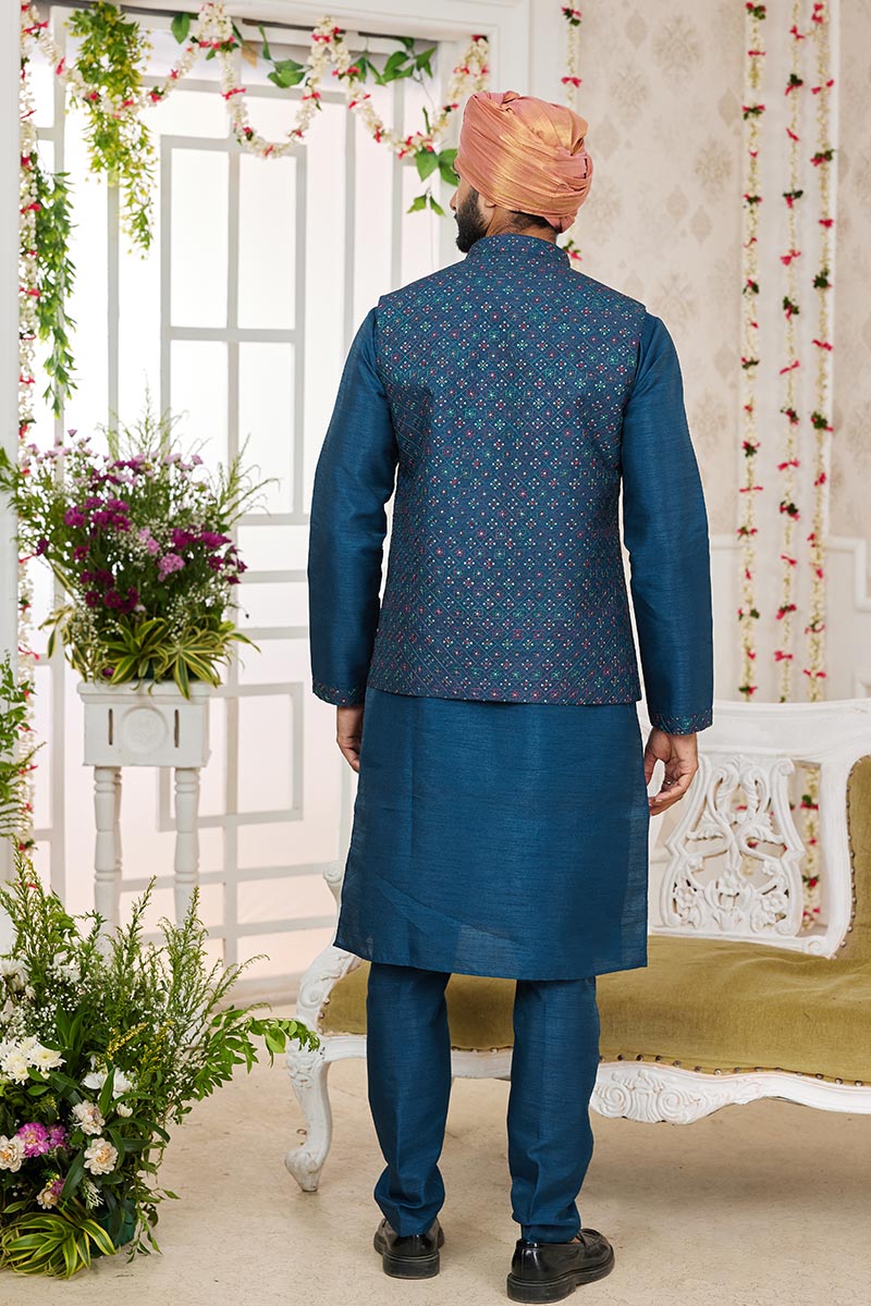Blue Ethnic Kurta Pajama Set with Designer Jacket