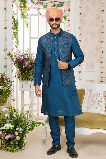 Blue Ethnic Kurta Pajama Set with Designer Jacket