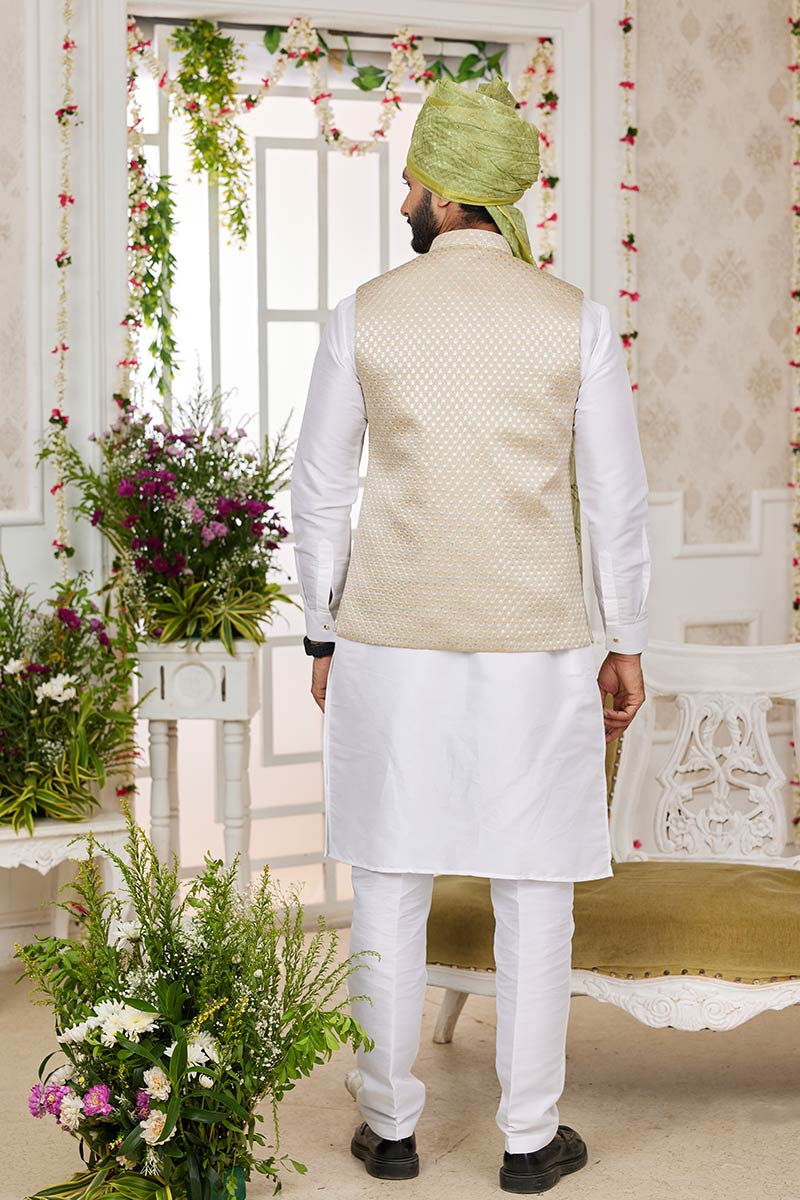 Elegant Off White Kurta Pajama & Jacket Set for Weddings