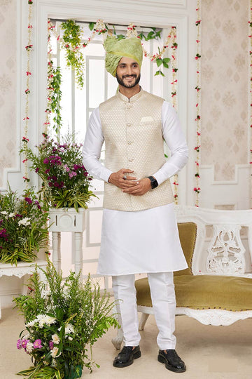 Elegant Off White Kurta Pajama & Jacket Set for Weddings