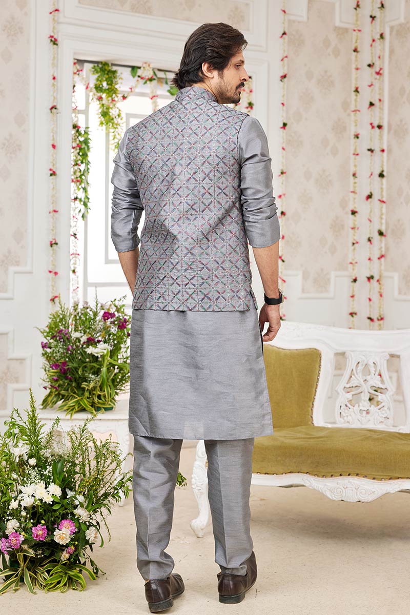 Grey Kurta Pajama with Nehru Jacket – Indian Wedding Wear