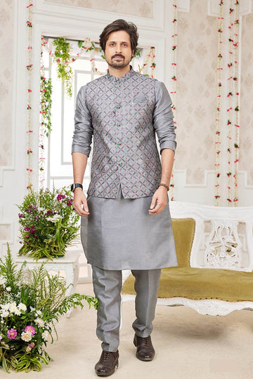 Grey Kurta Pajama with Nehru Jacket – Indian Wedding Wear